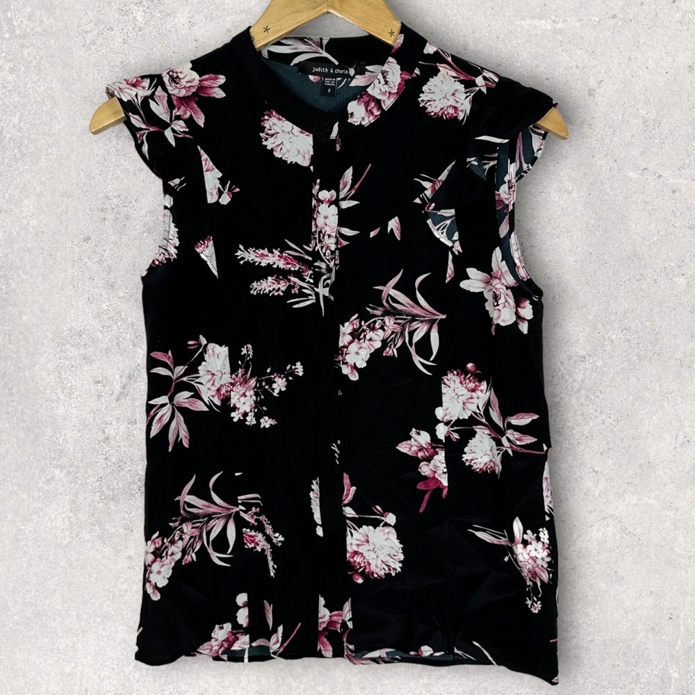 NEW Judith & Charles 100% Silk Flutter Sleeve Blouse Black Pink Size 2 Nordstrom